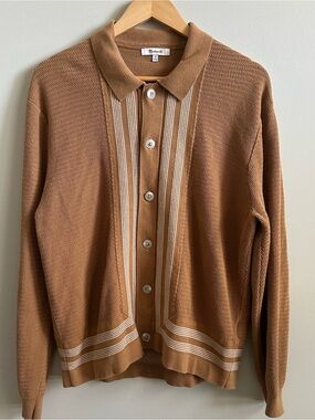 Madewell Men's 100% Cotton Knit Polo Cardigan Sweater Brown Cream Medium